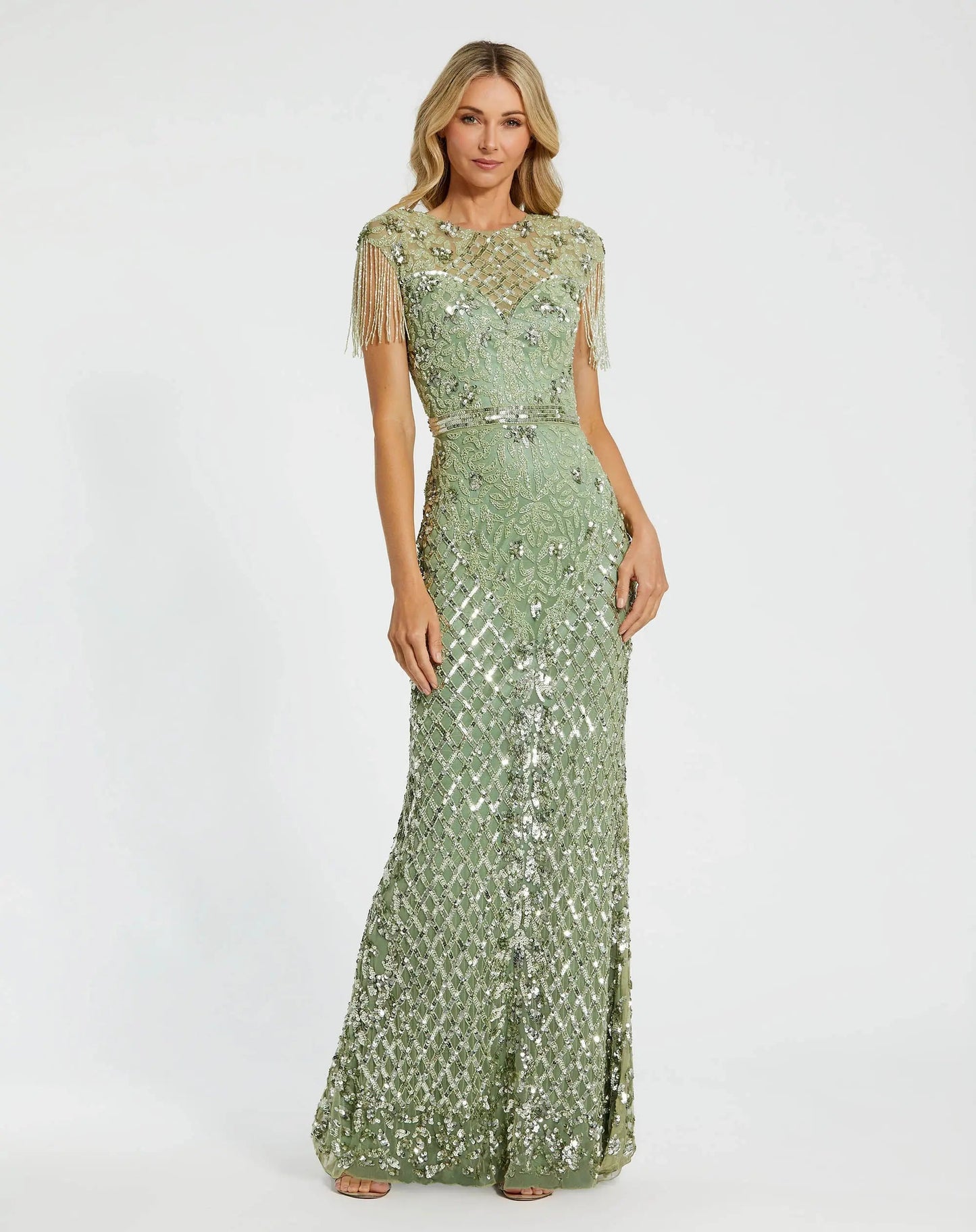 High Neck Sleeveless Beaded Fringe Fitted Gown