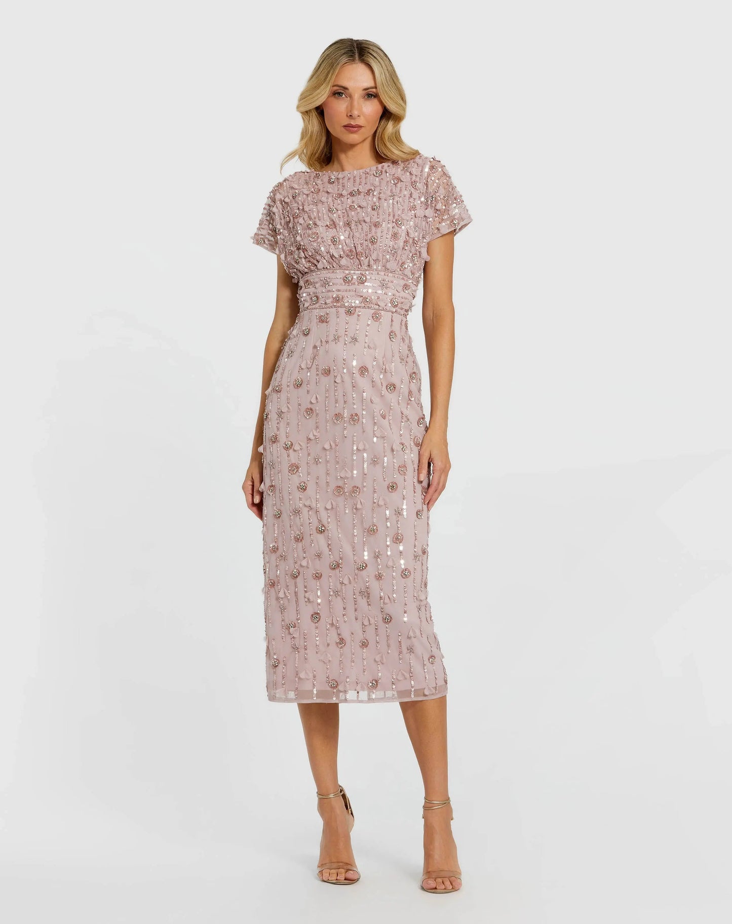 Cap Sleeve Sheath Midi Dress With Floral Beading