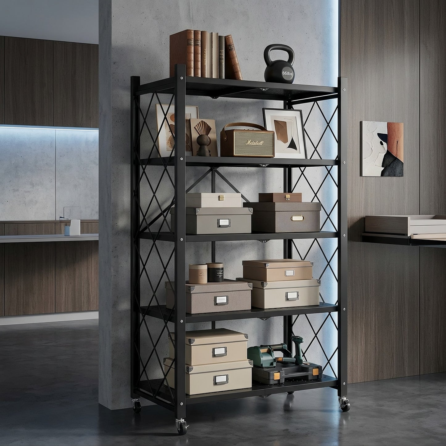 Space‑Saving Foldable Metal Shelving Unit, Freestanding Storage Rack with Lockable Rolling Casters