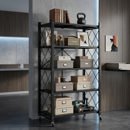 Space‑Saving Foldable Metal Shelving Unit, Freestanding Storage Rack with Lockable Rolling Casters