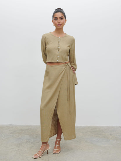 Abigail Wrap Linen Midaxi Skirt - Olive