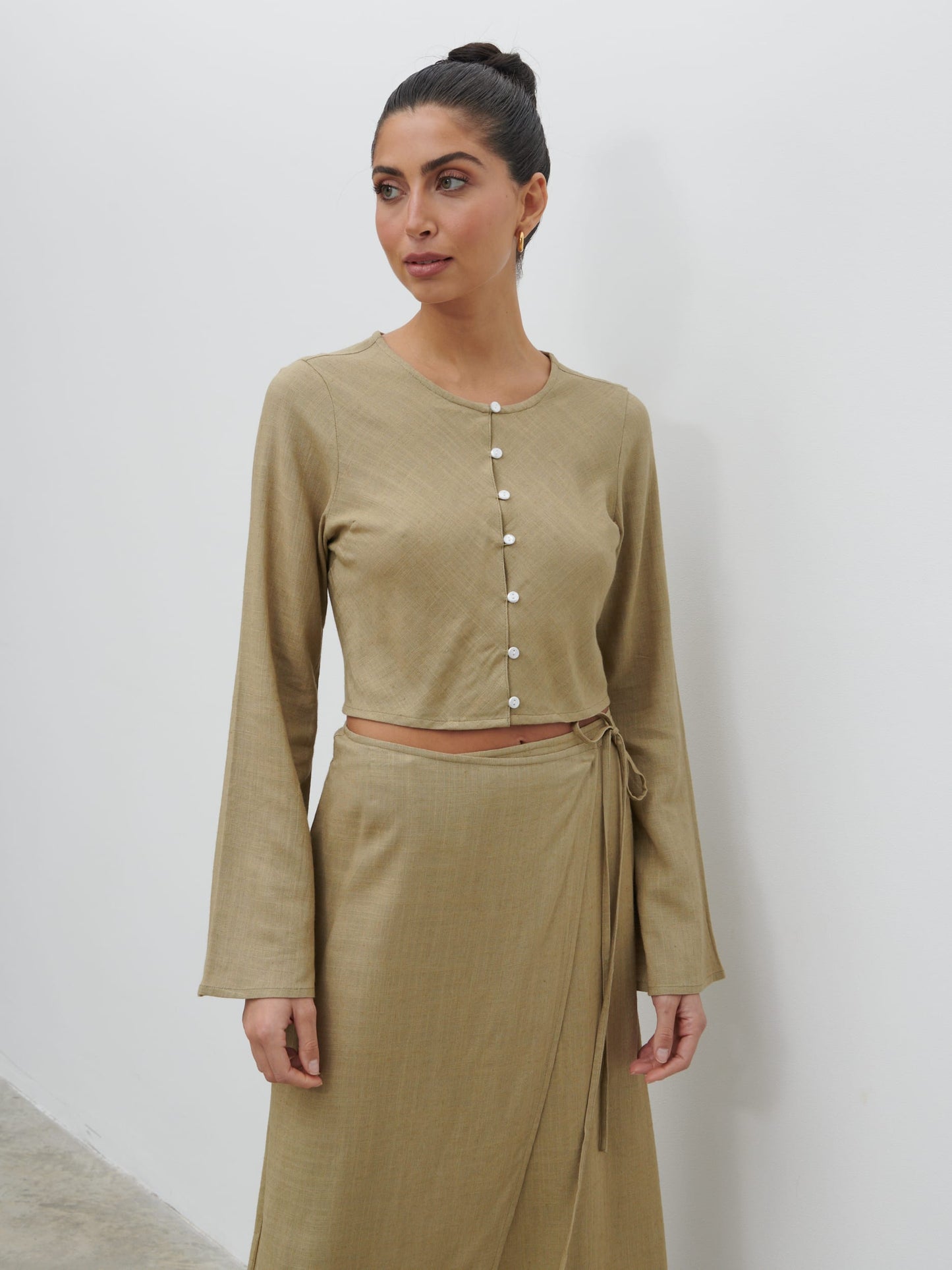 Abigail Button Front Linen Blouse - Olive