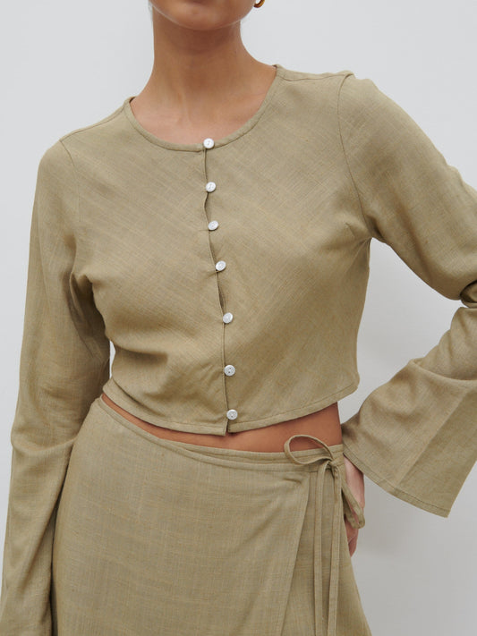 Abigail Button Front Linen Blouse - Olive