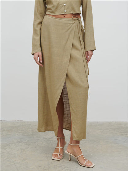 Abigail Wrap Linen Midaxi Skirt - Olive