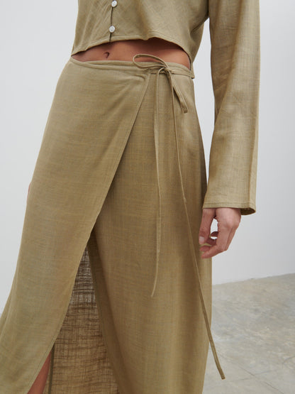 Abigail Wrap Linen Midaxi Skirt - Olive