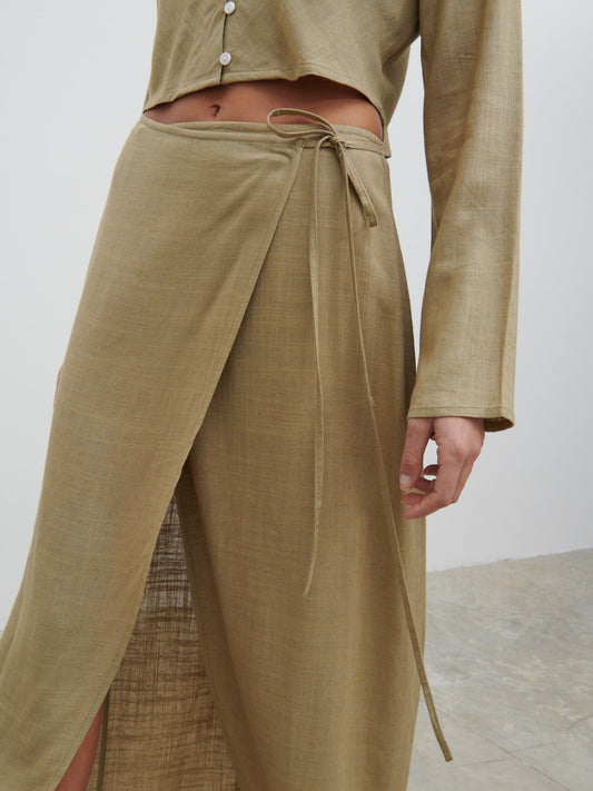 Abigail Wrap Linen Midaxi Skirt - Olive