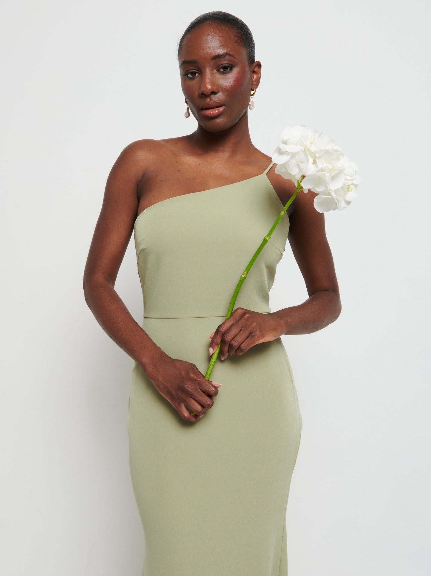 Amelia One Shoulder Crepe Maxi Bridesmaid Dress - Olive