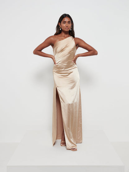 Amelia Ruched Maxi Bridesmaid Dress - Matte Bronze