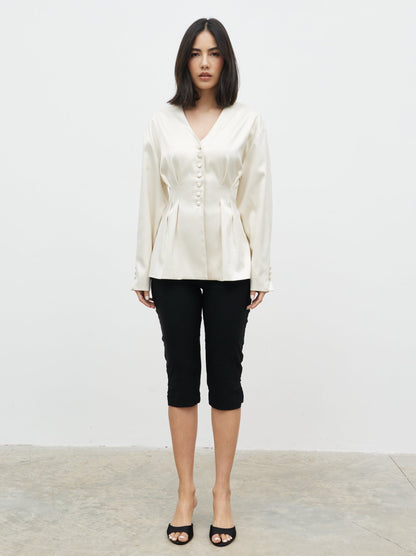 Amora Collarless Bonded Satin Jacket - Oyster