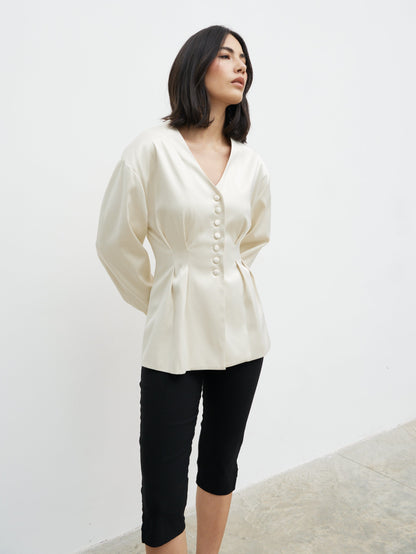 Amora Collarless Bonded Satin Jacket - Oyster