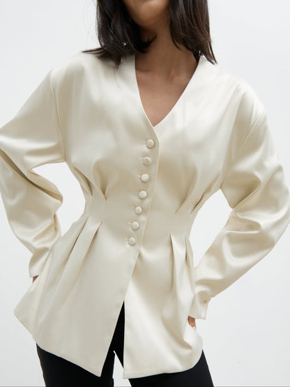 Amora Collarless Bonded Satin Jacket - Oyster
