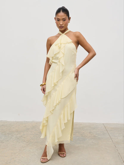 Aria Halterneck Ruffle Midaxi Dress - Lemon