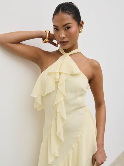 Aria Halterneck Ruffle Midaxi Dress - Lemon