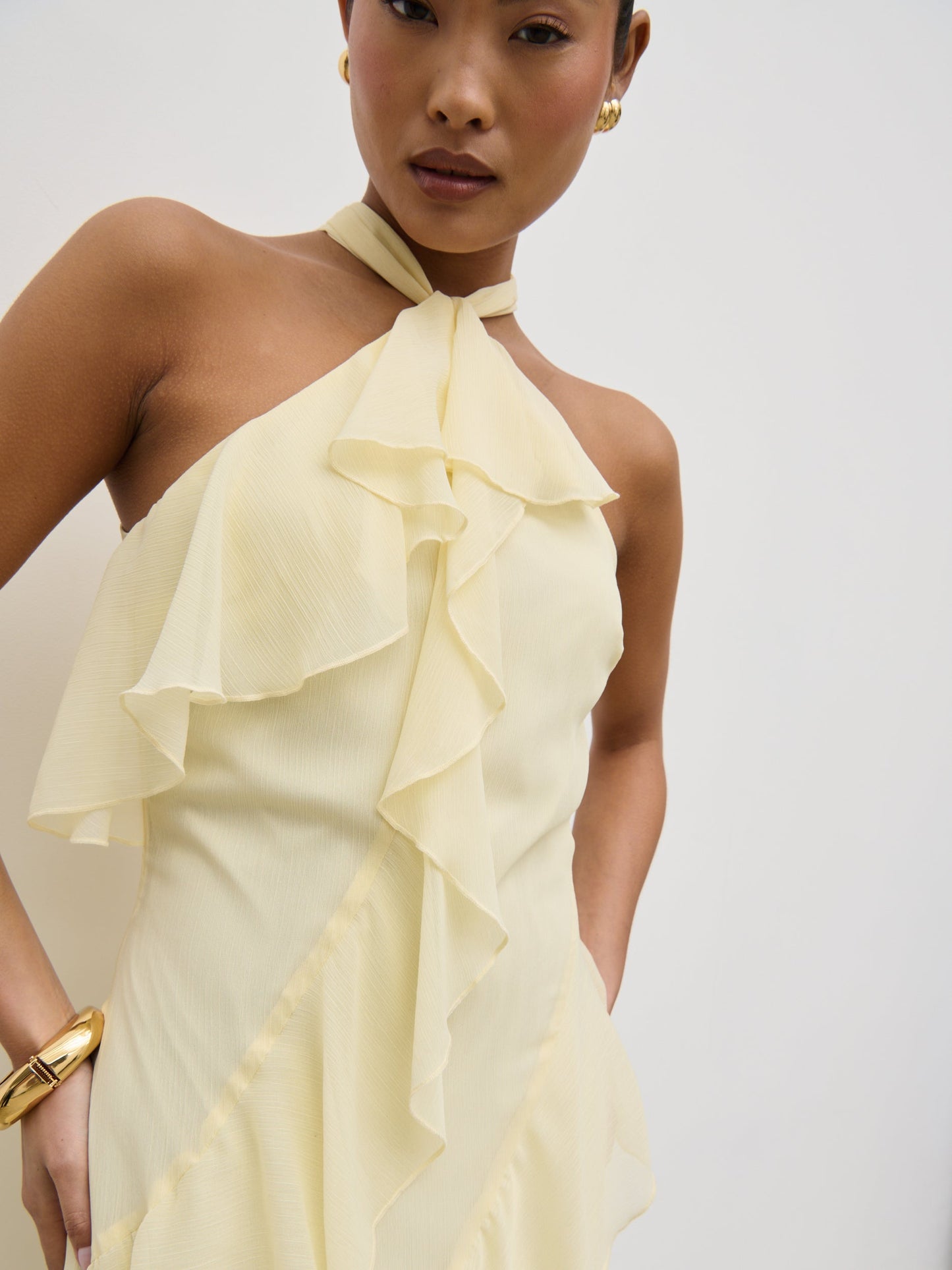 Aria Halterneck Ruffle Midaxi Dress - Lemon