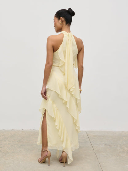 Aria Halterneck Ruffle Midaxi Dress - Lemon