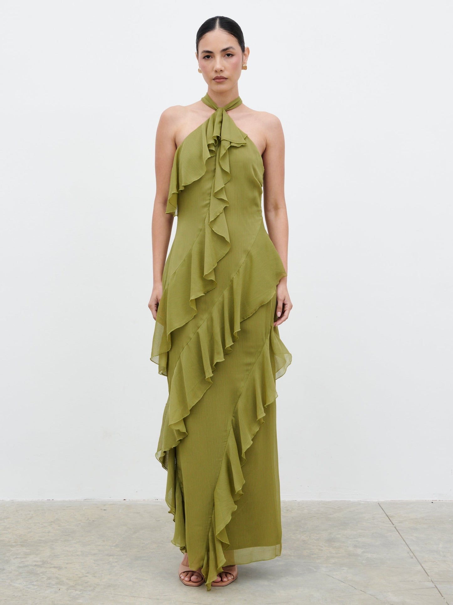 Aria Halterneck Ruffle Maxi Dress - Dark Olive