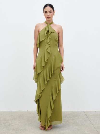 Aria Halterneck Ruffle Maxi Dress - Dark Olive