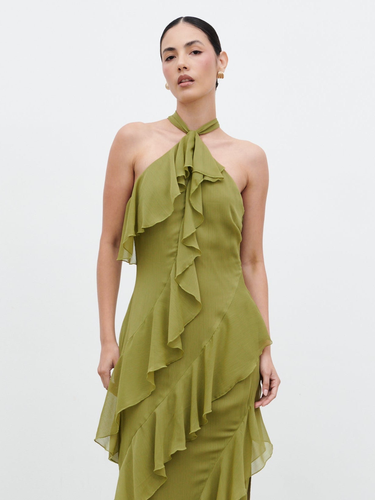 Aria Halterneck Ruffle Maxi Dress - Dark Olive