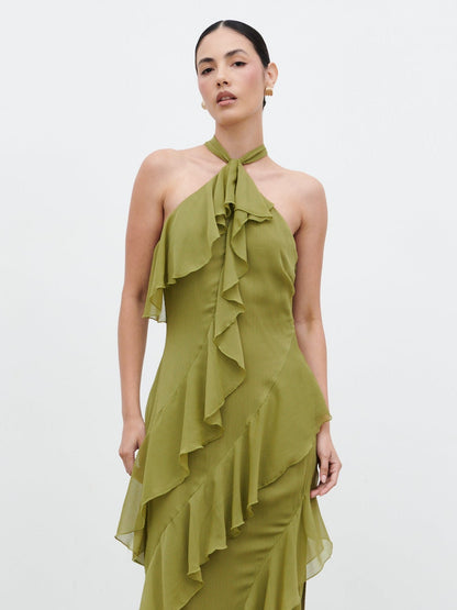 Aria Halterneck Ruffle Maxi Dress - Dark Olive