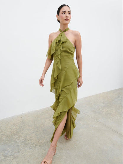 Aria Halterneck Ruffle Maxi Dress - Dark Olive