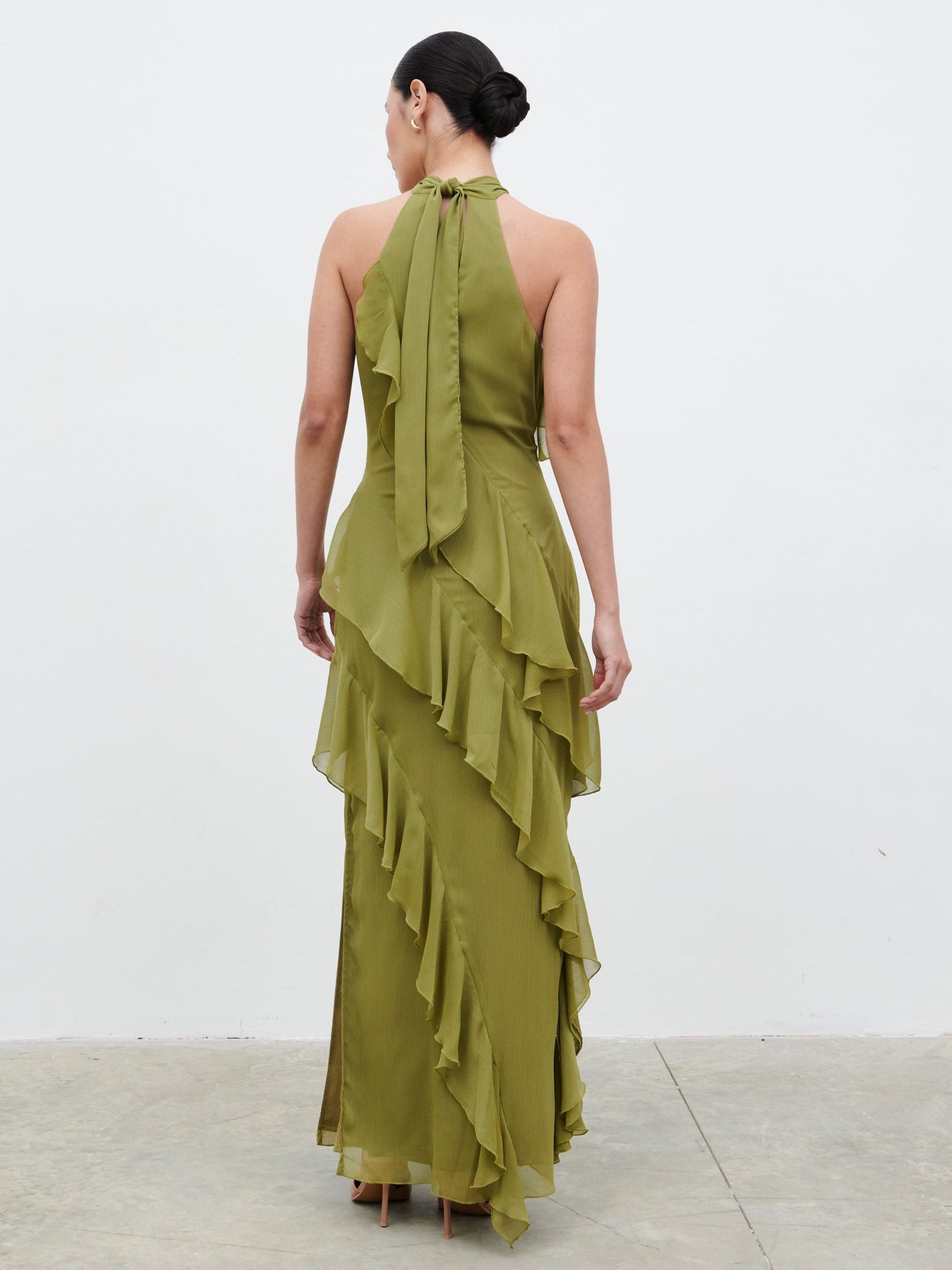 Aria Halterneck Ruffle Maxi Dress - Dark Olive