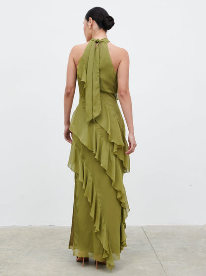 Aria Halterneck Ruffle Maxi Dress - Dark Olive
