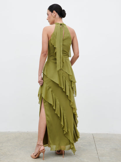 Aria Halterneck Ruffle Maxi Dress - Dark Olive
