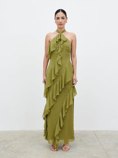 Aria Halterneck Ruffle Maxi Dress - Dark Olive