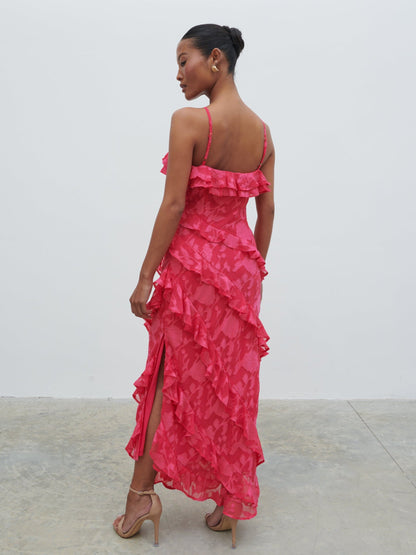 Aryana Jacquard Ruffle Midaxi Dress - Fuchsia