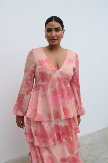 Ashton Ruffle Maxi Dress Curve - Dusky Rose Watercolour