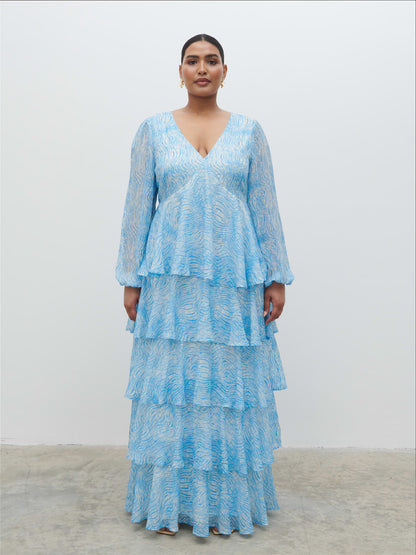 Ashton Ruffle Maxi Dress Curve - Blue Swirl