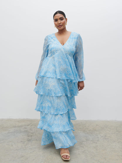 Ashton Ruffle Maxi Dress Curve - Blue Swirl