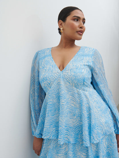 Ashton Ruffle Maxi Dress Curve - Blue Swirl
