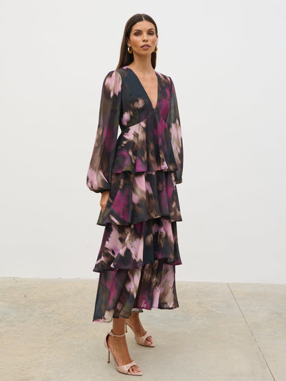 Ashton Ruffle Midi Dress - Purple and Khaki Ombre