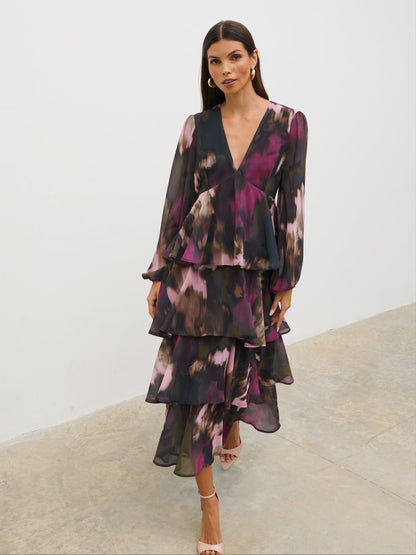 Ashton Ruffle Midi Dress - Purple and Khaki Ombre