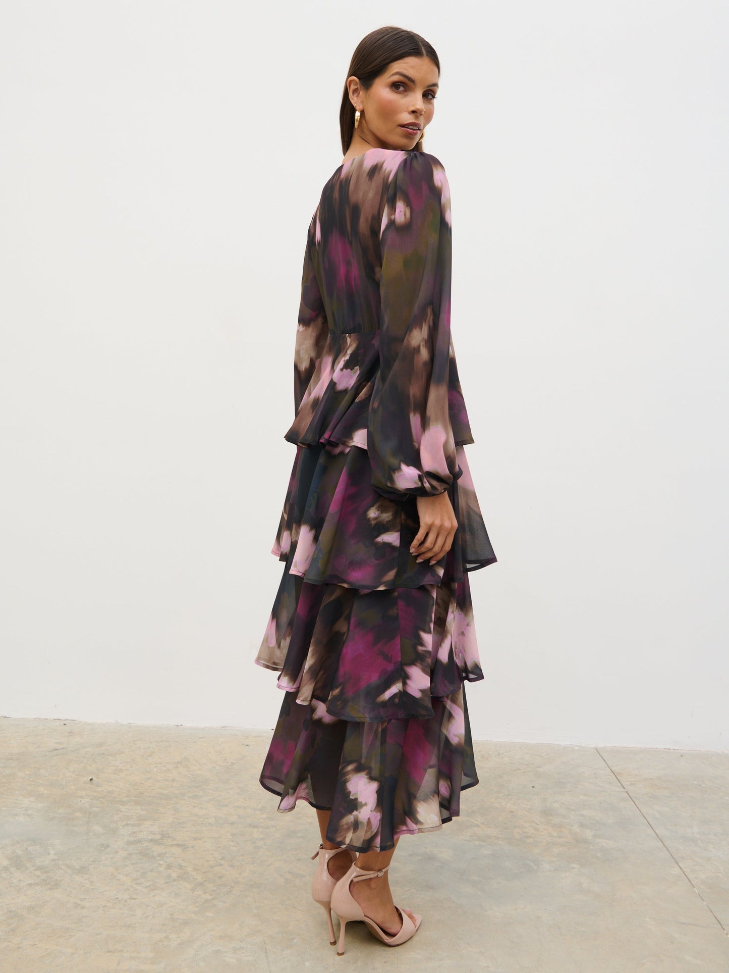 Ashton Ruffle Midi Dress - Purple and Khaki Ombre