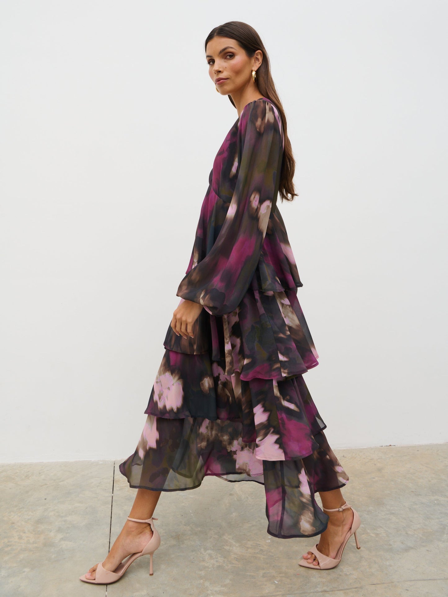 Ashton Ruffle Midi Dress - Purple and Khaki Ombre