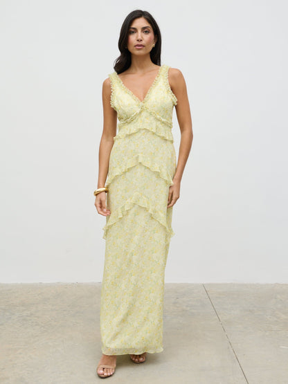 Aurelia Ruffle Maxi Dress - Lime Ditsy Floral
