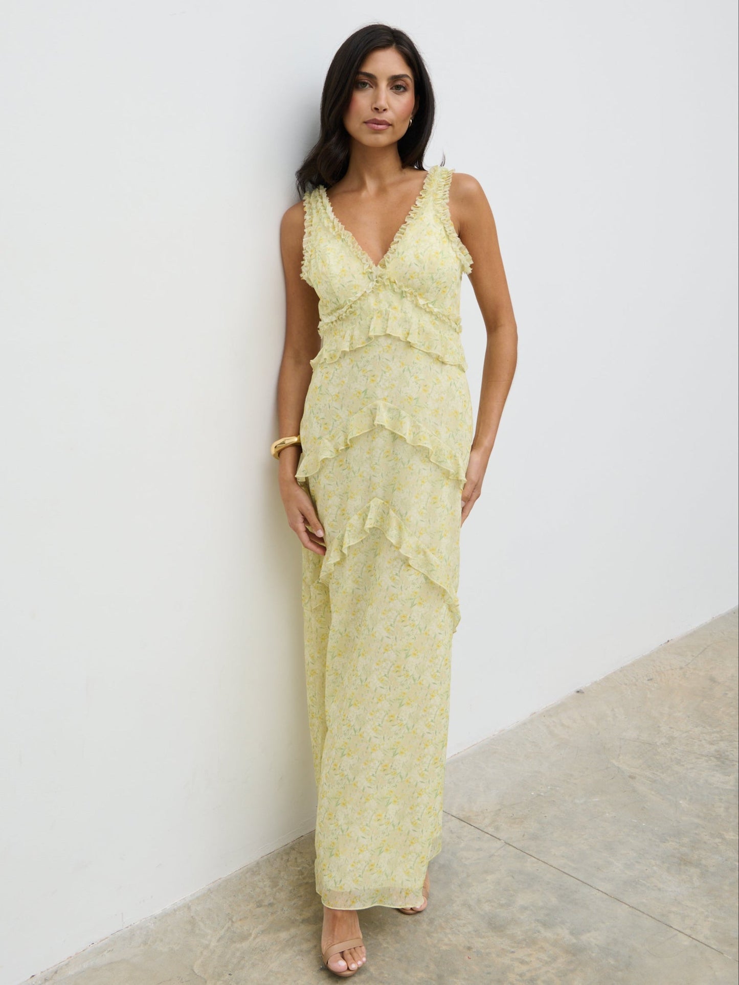 Aurelia Ruffle Maxi Dress - Lime Ditsy Floral