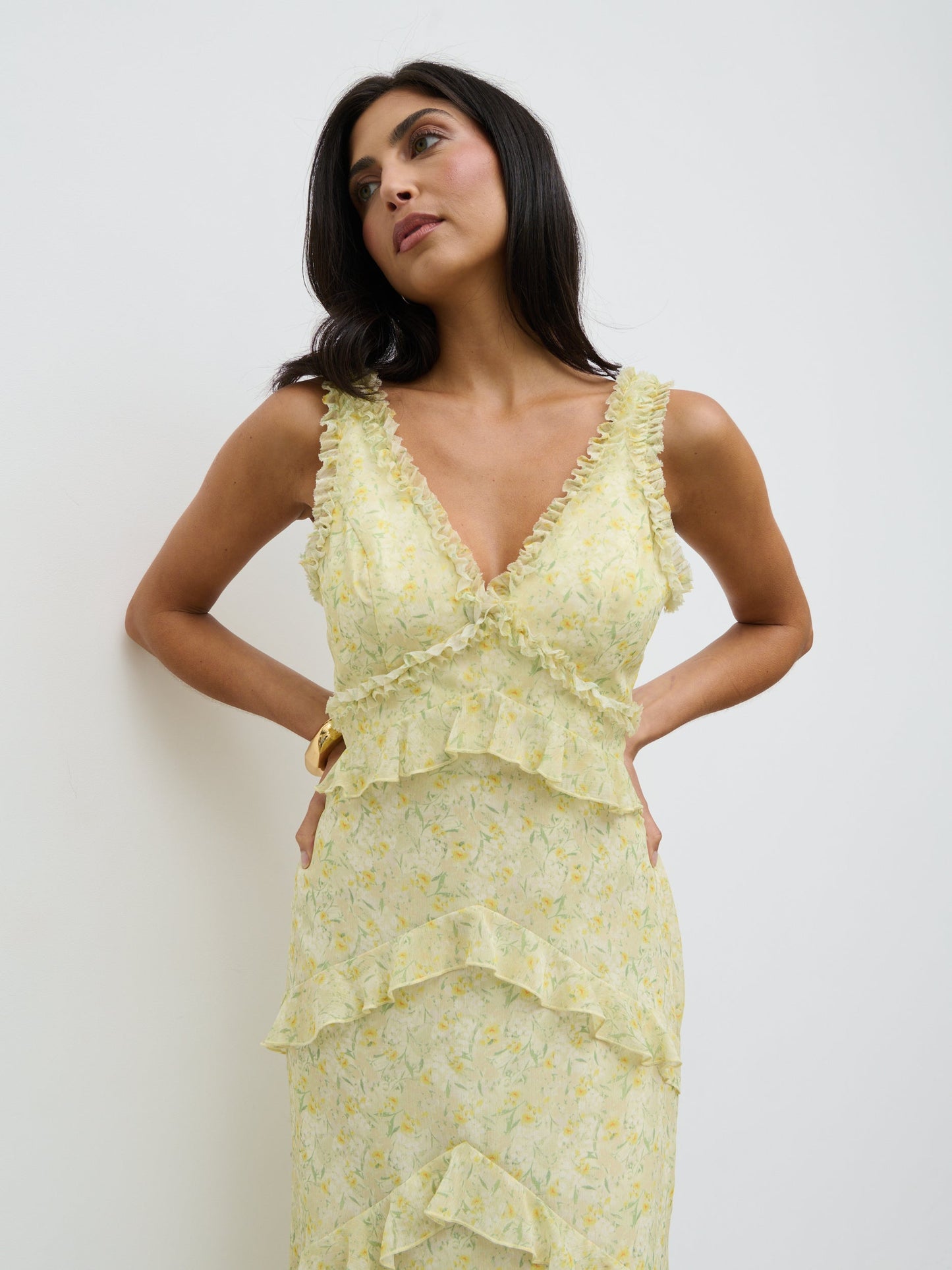 Aurelia Ruffle Maxi Dress - Lime Ditsy Floral