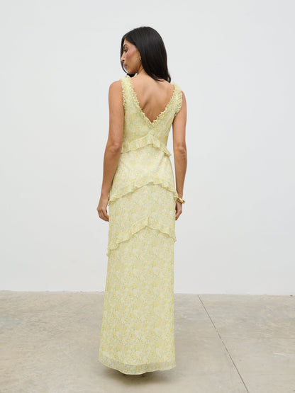 Aurelia Ruffle Maxi Dress - Lime Ditsy Floral