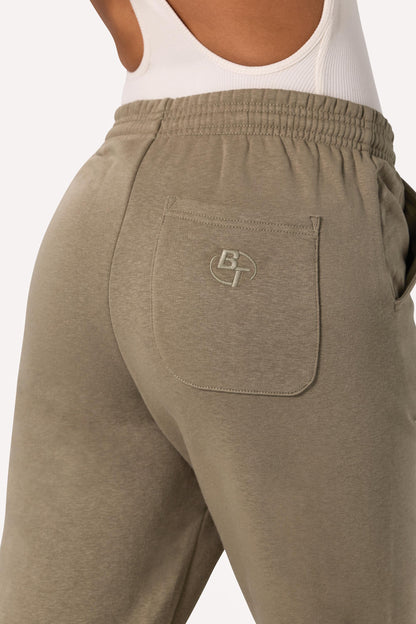 Cotton Fleece Mid-Rise Joggers in Khaki Green