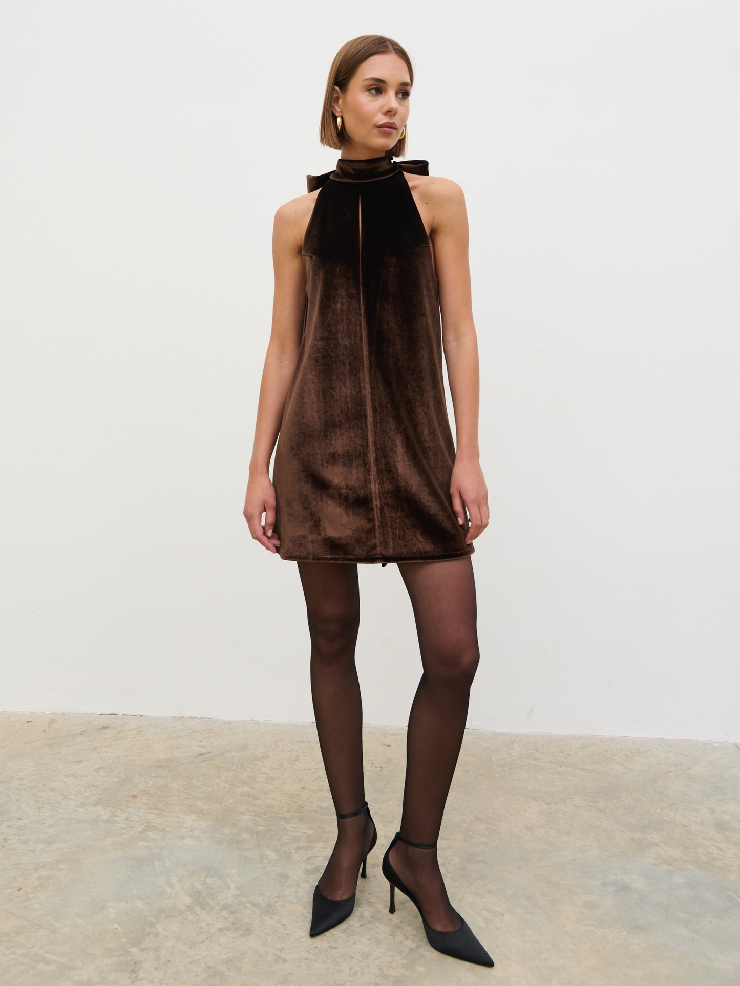 Bella Bow Velvet Mini Dress - Brown