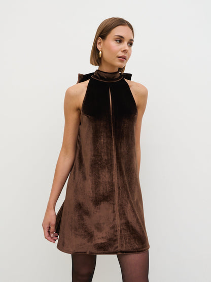 Bella Bow Velvet Mini Dress - Brown