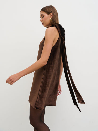 Bella Bow Velvet Mini Dress - Brown