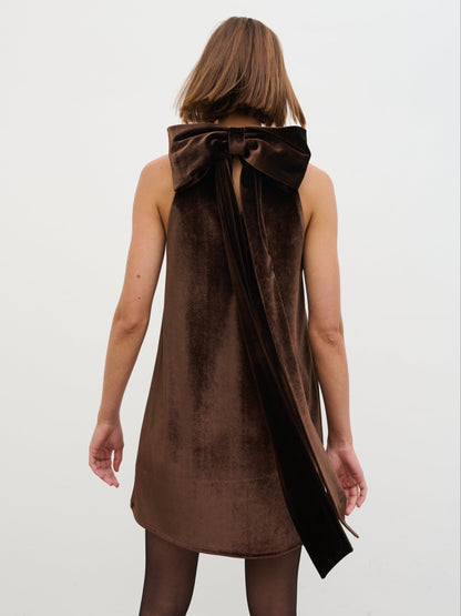Bella Bow Velvet Mini Dress - Brown