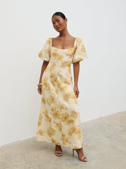 Bette Printed Puff Sleeve Midaxi Dress - Yellow Ochre Floral