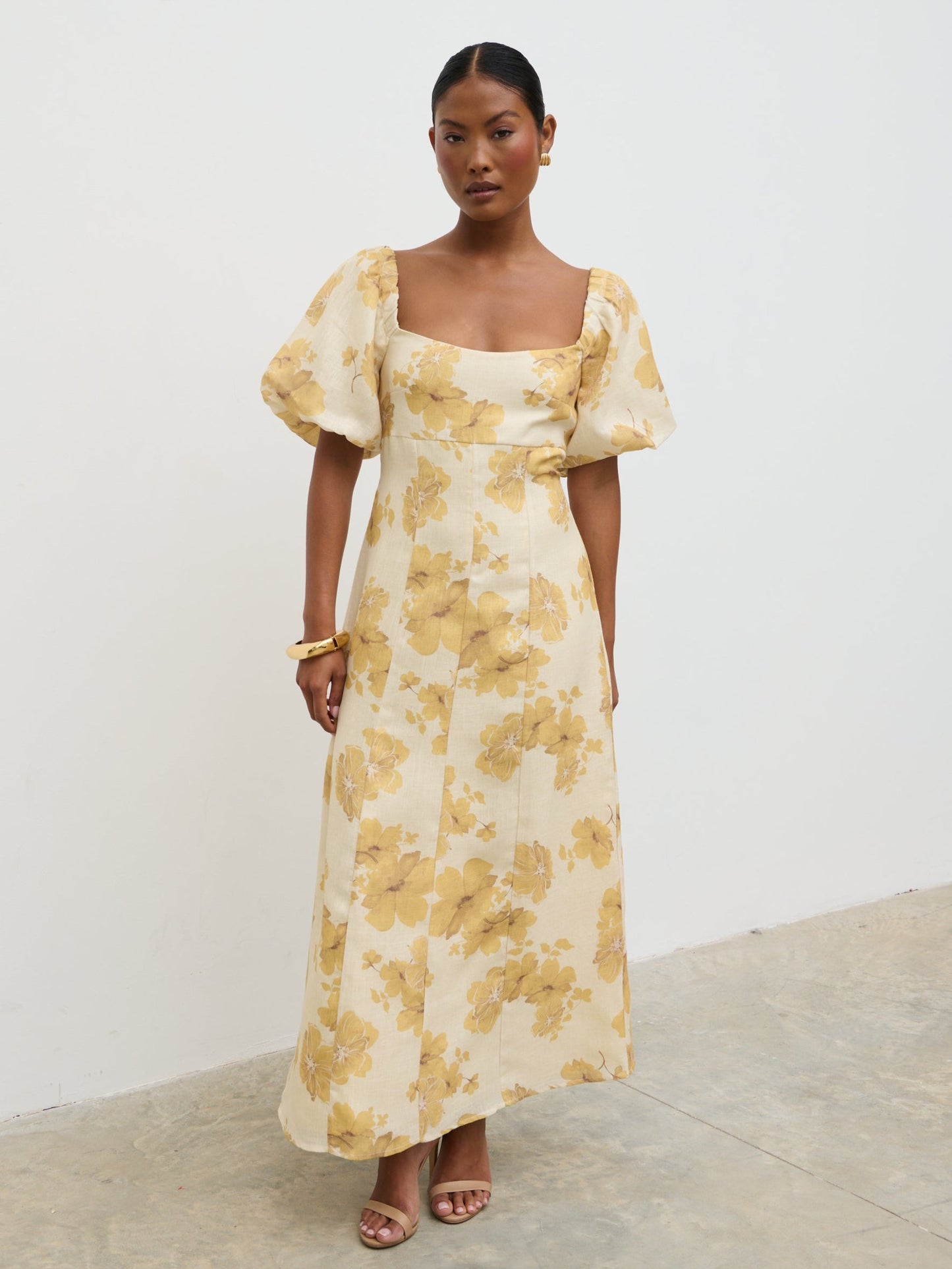 Bette Printed Puff Sleeve Midaxi Dress - Yellow Ochre Floral