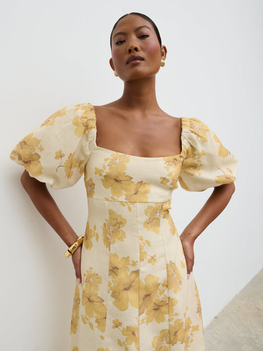 Bette Printed Puff Sleeve Midaxi Dress - Yellow Ochre Floral