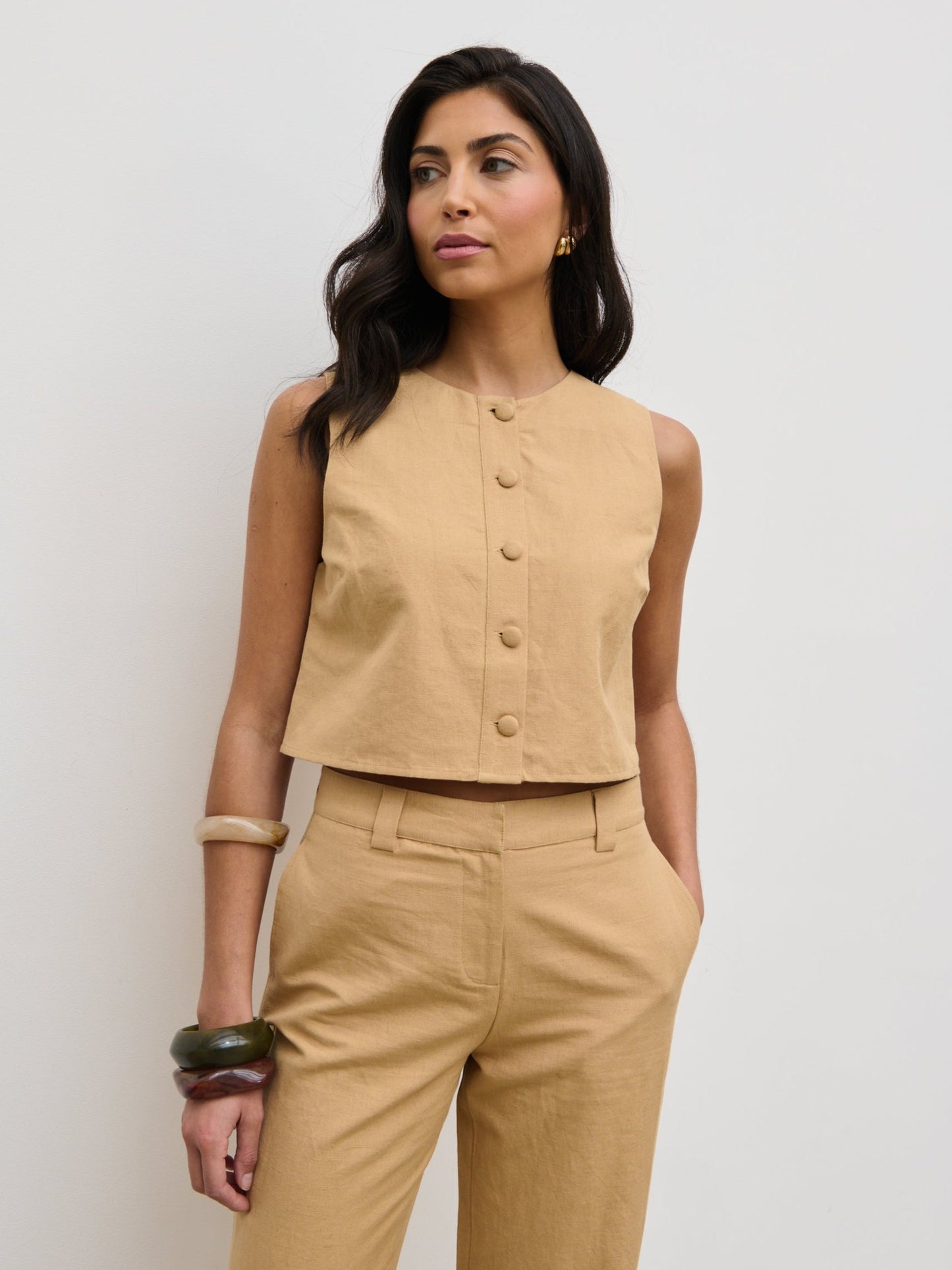 Blair Cropped Button Top - Camel
